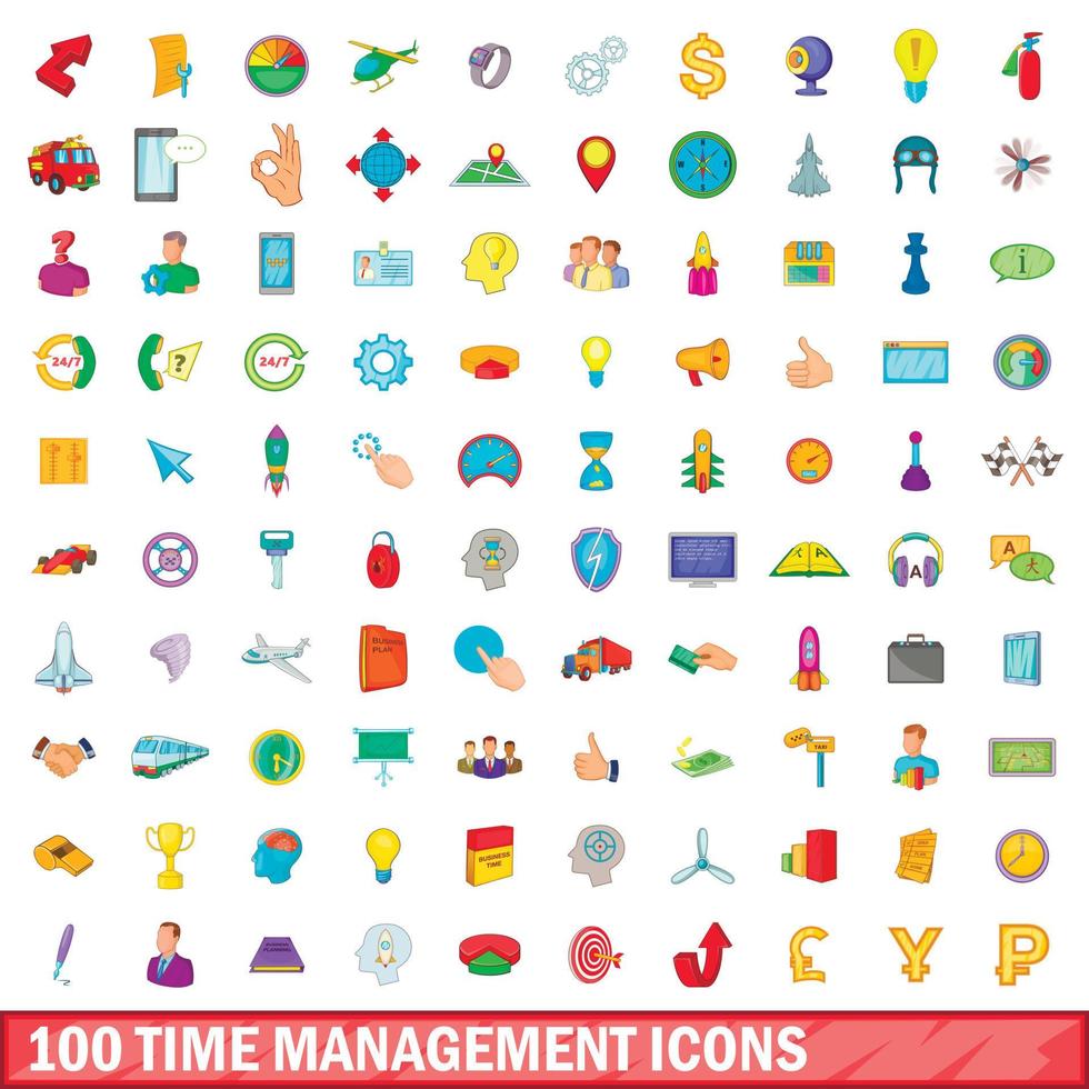 Conjunto de 100 ícones de gerenciamento de tempo, estilo cartoon vetor