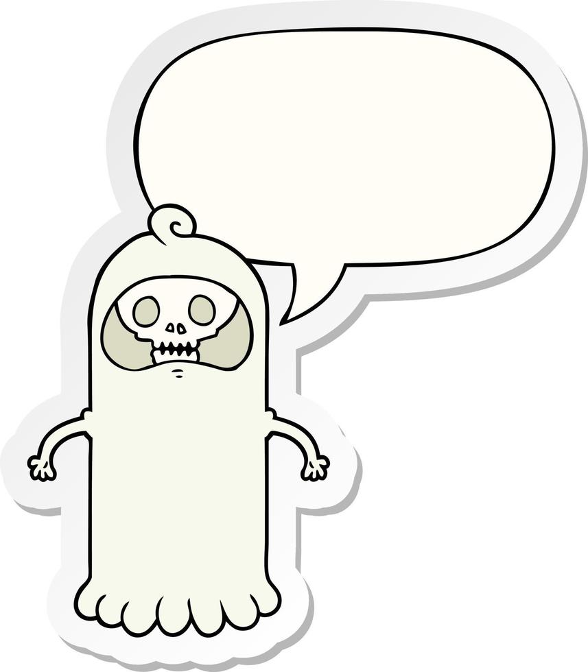 fantasma de caveira assustador de desenho animado e adesivo de bolha de fala vetor