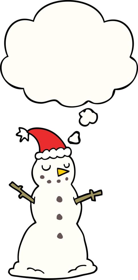 boneco de neve de natal dos desenhos animados e balão de pensamento vetor