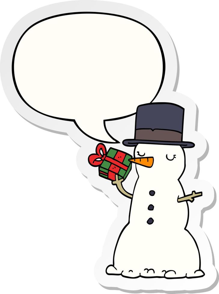 boneco de neve dos desenhos animados e adesivo de bolha de fala vetor