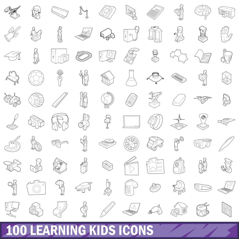 Conjunto de 100 ícones de aprendizagem para crianças, estilo de contorno vetor