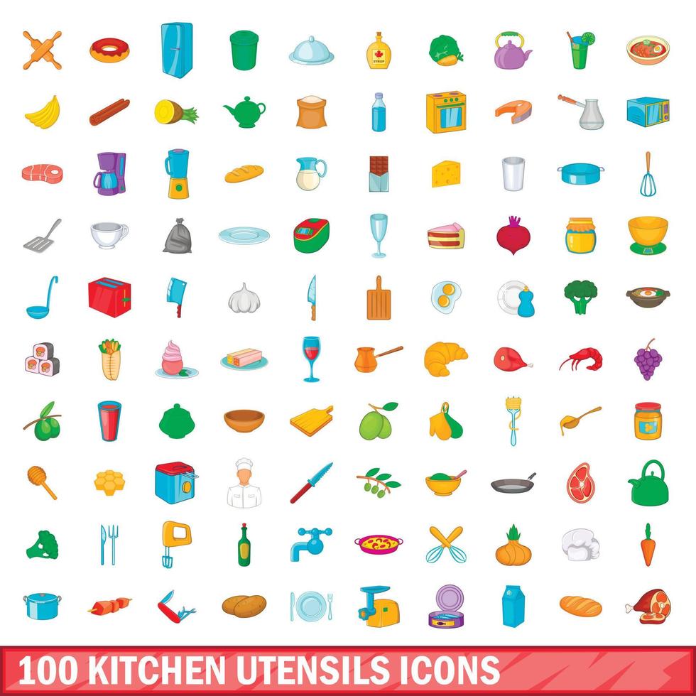 Conjunto de 100 ícones de utensílios de cozinha, estilo cartoon vetor