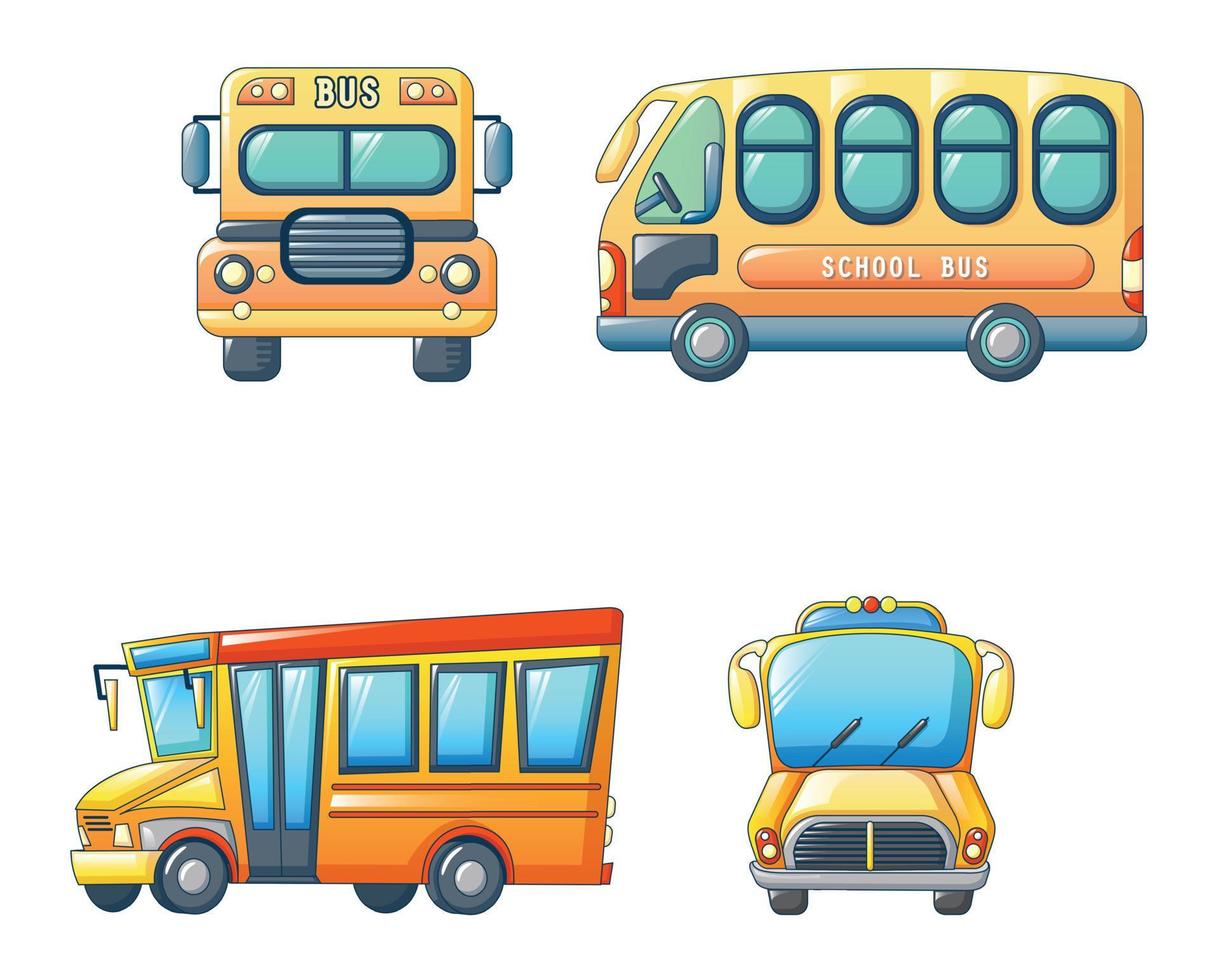 ônibus escolar volta conjunto de ícones de crianças, estilo cartoon vetor