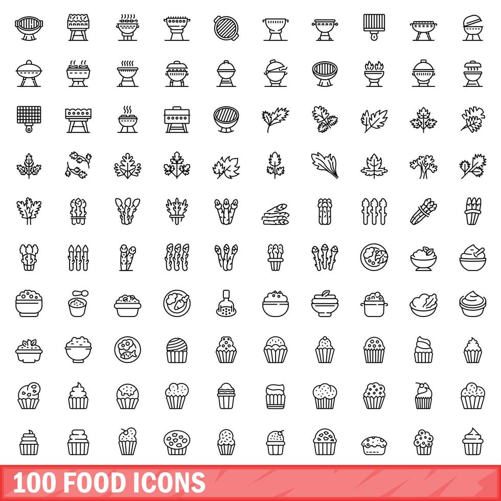 conjunto de 100 ícones de comida, estilo de contorno vetor