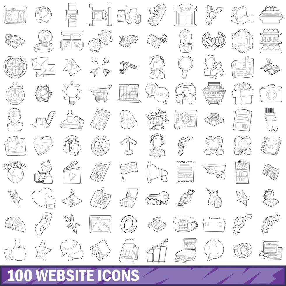 conjunto de 100 ícones do site, estilo de estrutura de tópicos vetor