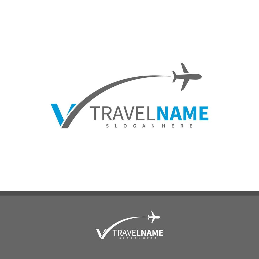 avião com vetor de design de logotipo letra v, ilustração de modelo de conceitos de logotipo de viagens criativas.