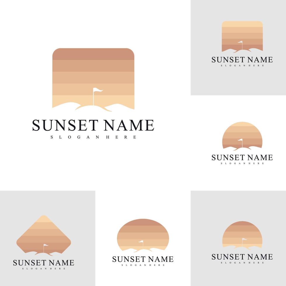 conjunto de modelo de vetor de design de logotipo de montagem por do sol, ilustração de conceitos de logotipo de montagem de golfe.
