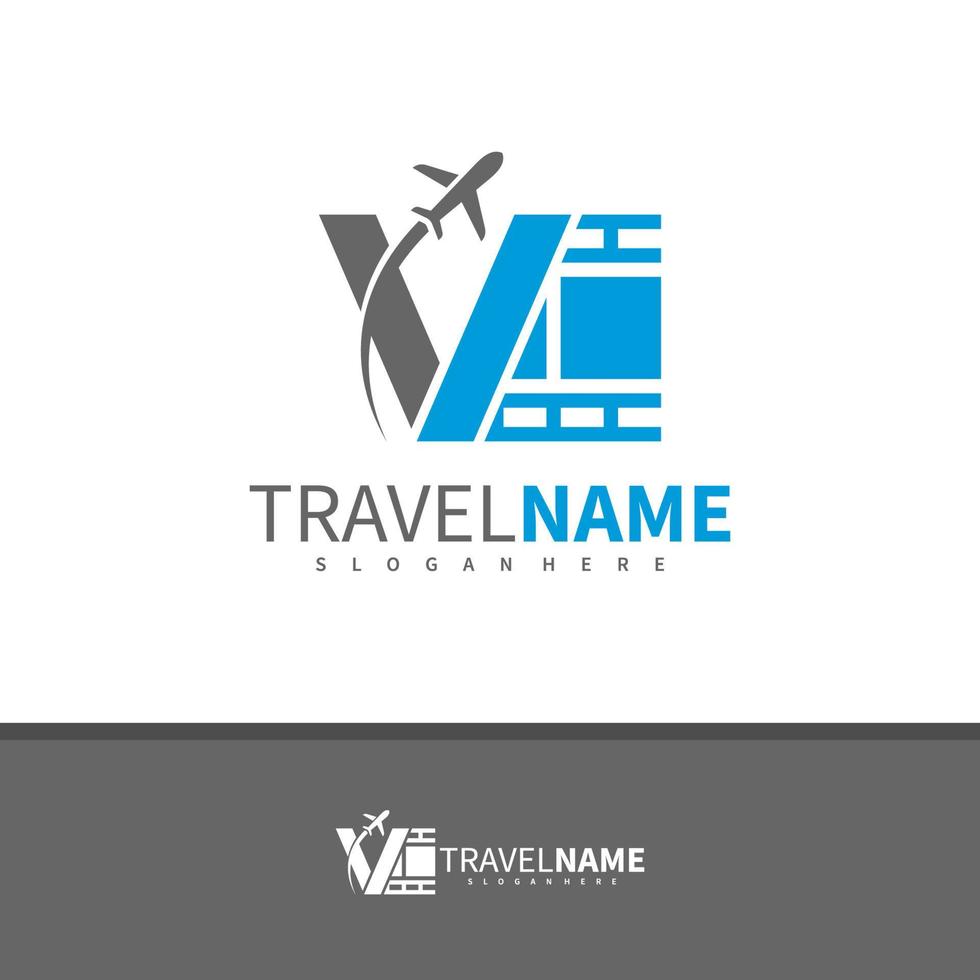 avião de filme com vetor de design de logotipo letra v, ilustração de modelo de conceitos de logotipo de viagens criativas.