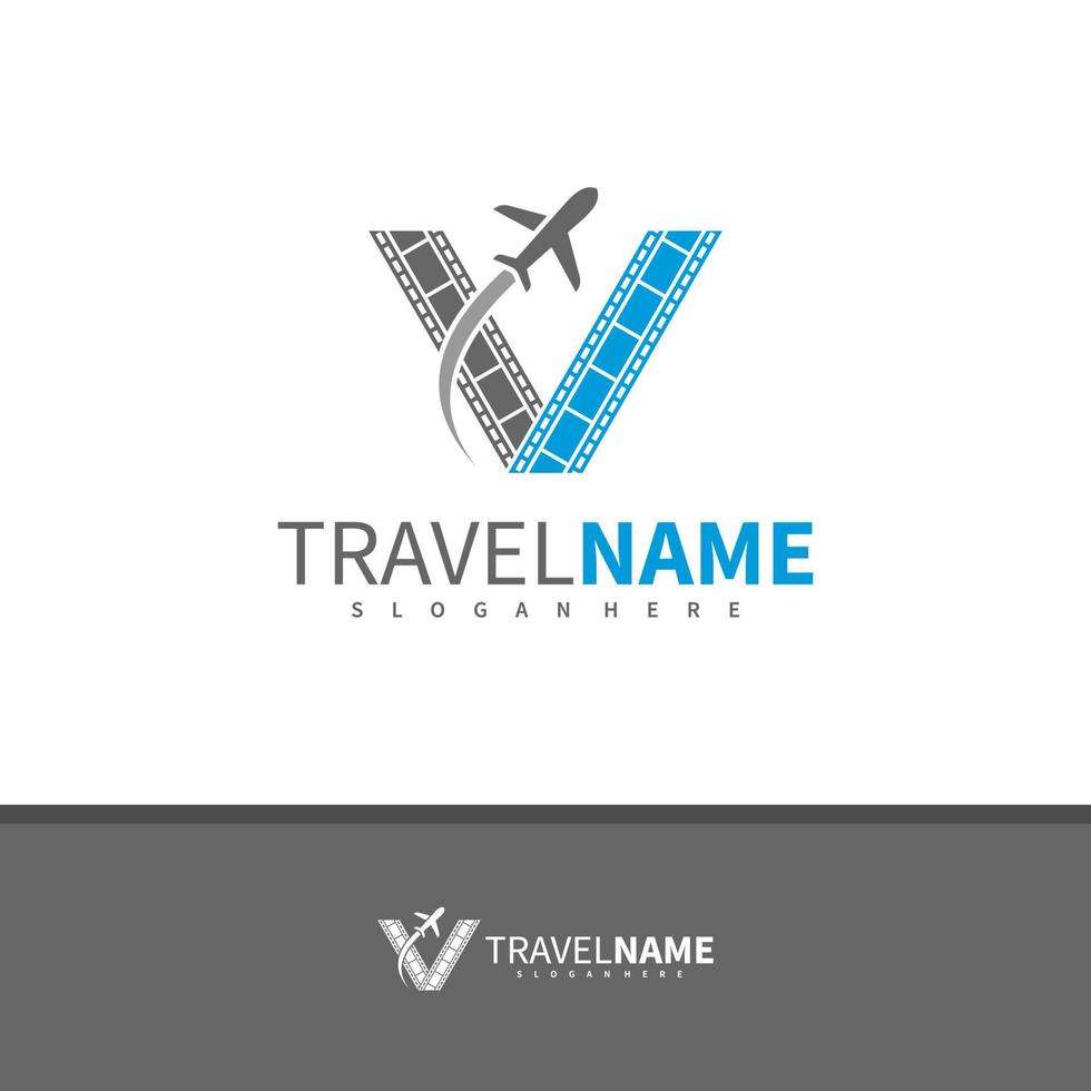 avião de filme com vetor de design de logotipo letra v, ilustração de modelo de conceitos de logotipo de viagens criativas.