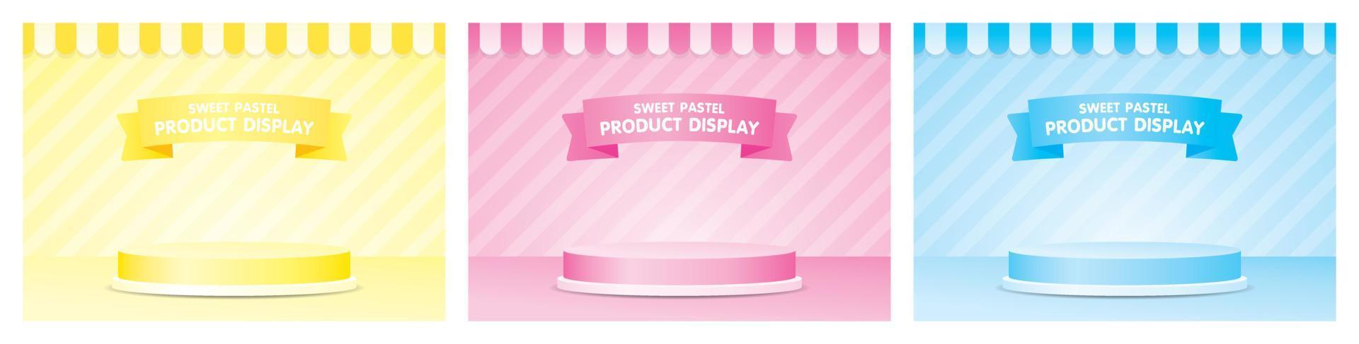 pódio de exibição de produto elegante bonito com toldo e vetor de ilustração 3d de parede listrada definido no tema de cor pastel feminino consiste em amarelo rosa e azul.
