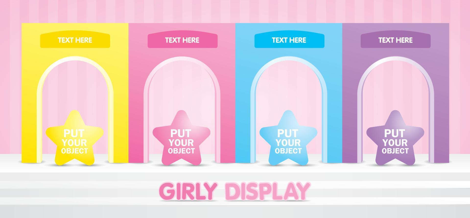 cenário de arco feminino bonito com exibição de produto de escada branca na parede listrada rosa pastel doce vetor de ilustração 3d para colocar seu objeto