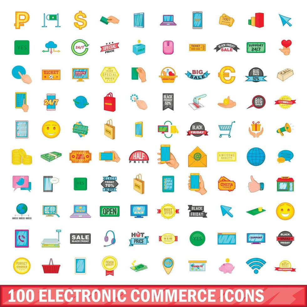 conjunto de 100 ícones de comércio eletrônico, estilo cartoon vetor