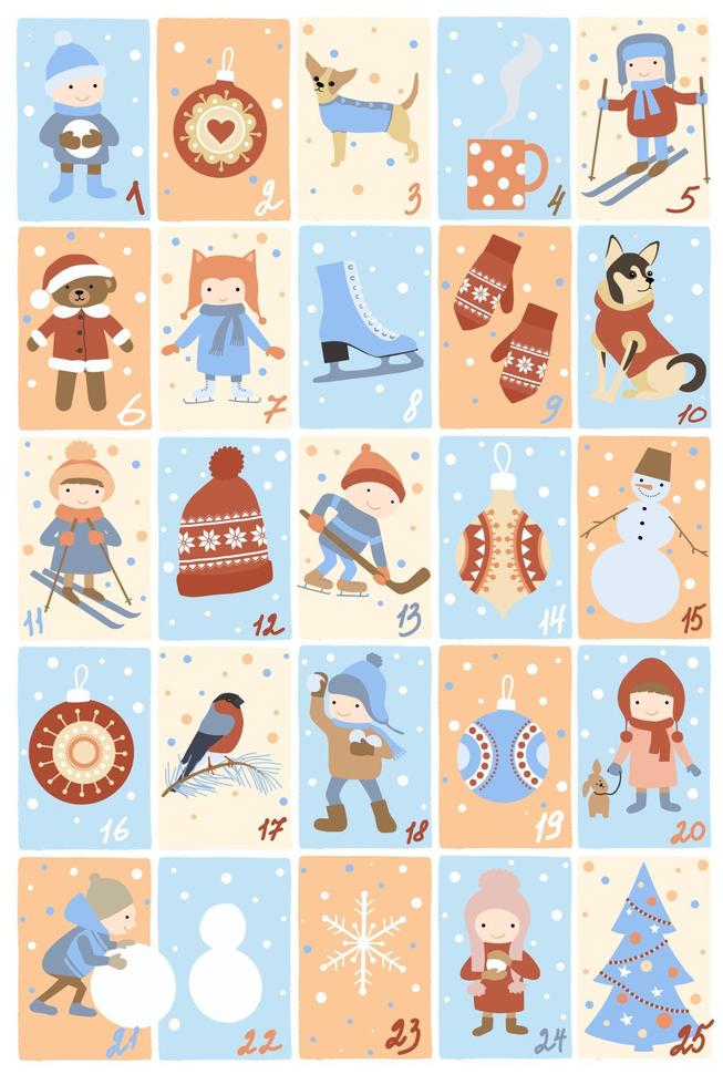 calendário do advento de natal. 25 ilustrações vetoriais sobre o tema das férias de inverno vetor