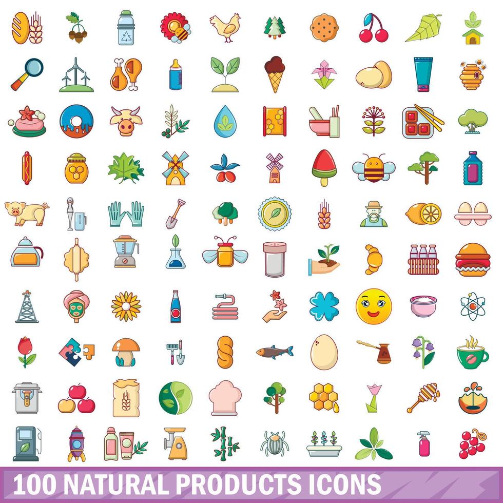 conjunto de 100 ícones de produtos naturais, estilo cartoon vetor