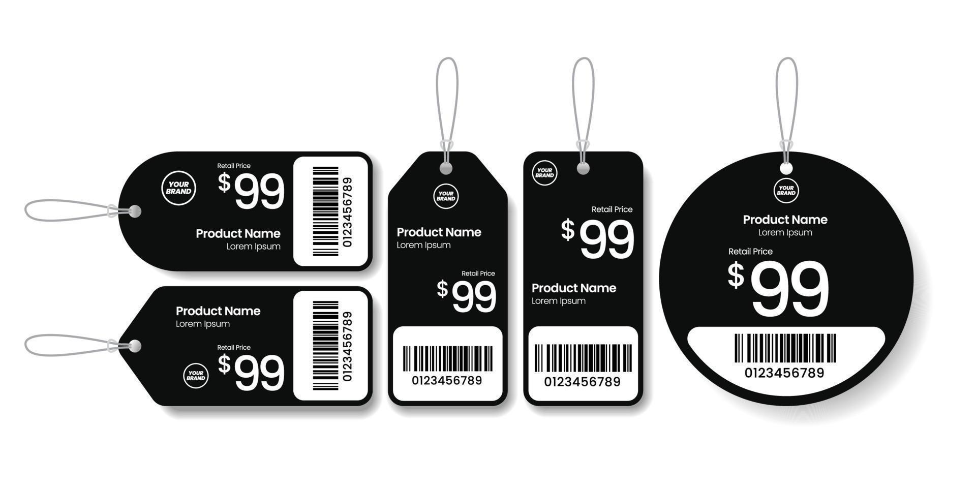 conjunto de etiquetas de preço preto e branco com código de barras, ilustração vetorial vetor