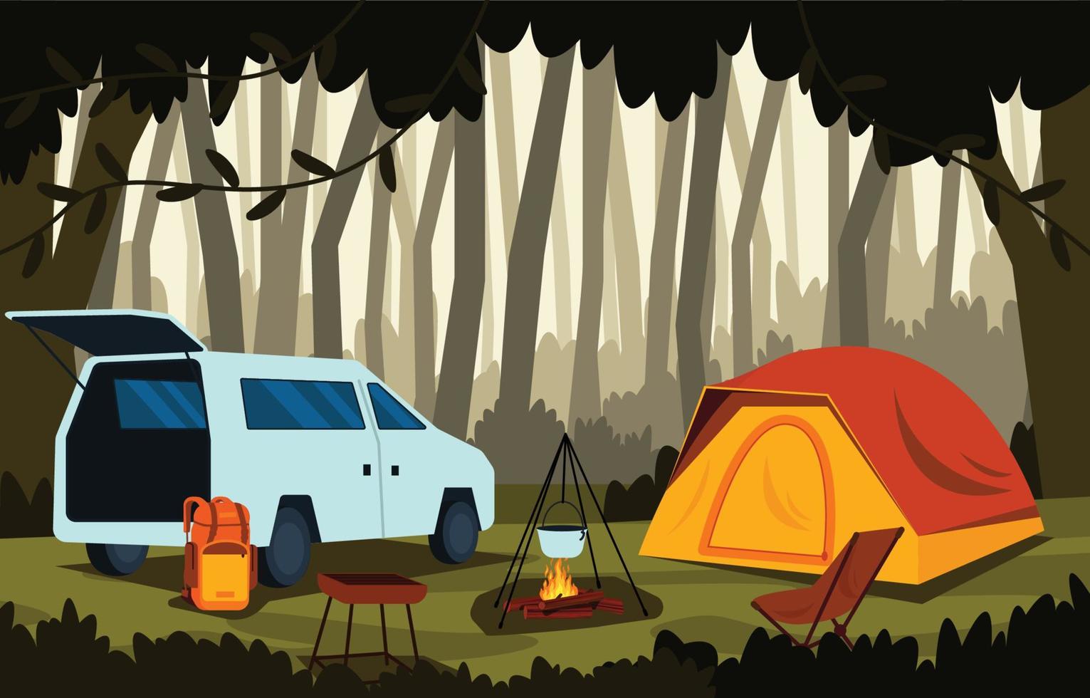 acampamento de verão barraca ao ar livre selva natureza aventura férias vetor