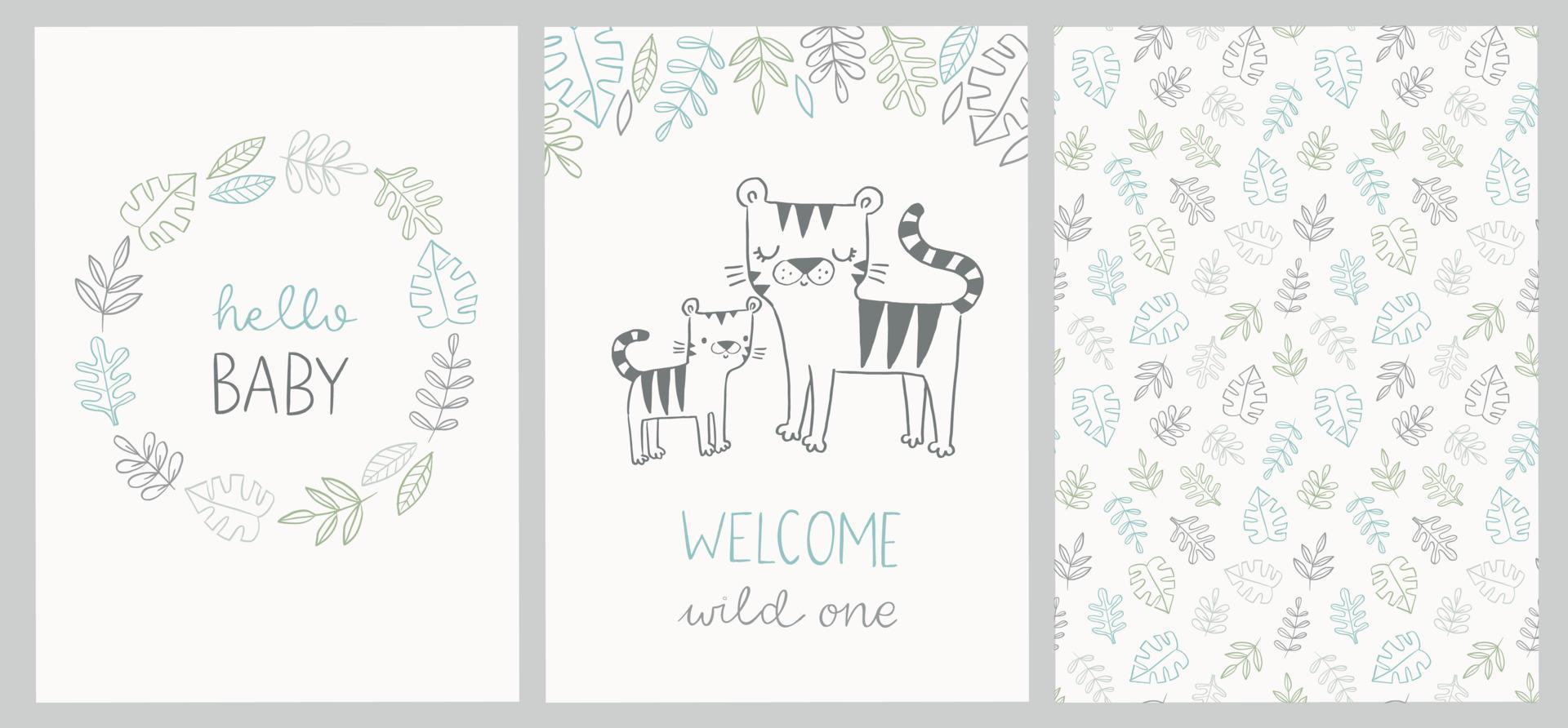 conjunto de cartões de chá de bebê fofos e padrão de selva com tigre, folhas tropicais, grinalda e frases com letras de mão - olá bebê, bem-vindo selvagem. para convites, cartões, cartazes vetor