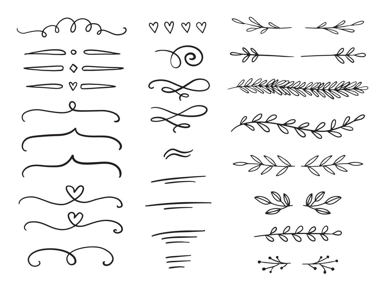 divisores de vetor desenhados à mão e elementos de design. conjunto de linhas, fronteiras e louros. um conjunto de elementos de design doodle.