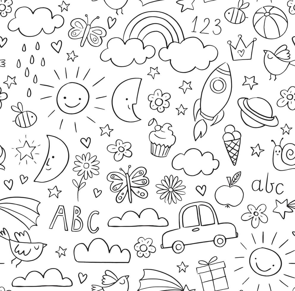 padrão de doodle de crianças. padrão infantil em preto e branco. objetos e elementos de design relacionados a bebês e crianças. sem costura de fundo vector. vetor