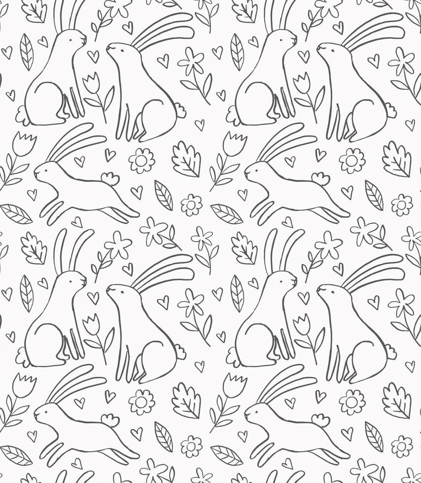 padrão de doodle com coelhos fofos e flores. contorno linear mão desenhada coelho floral vector fundo sem emenda. design para crianças livro de colorir.