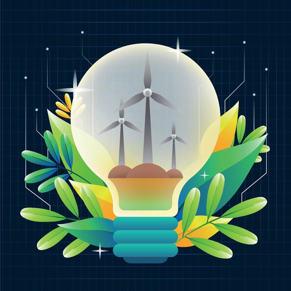 tecnologia verde com lâmpada e turbina eólica vetor