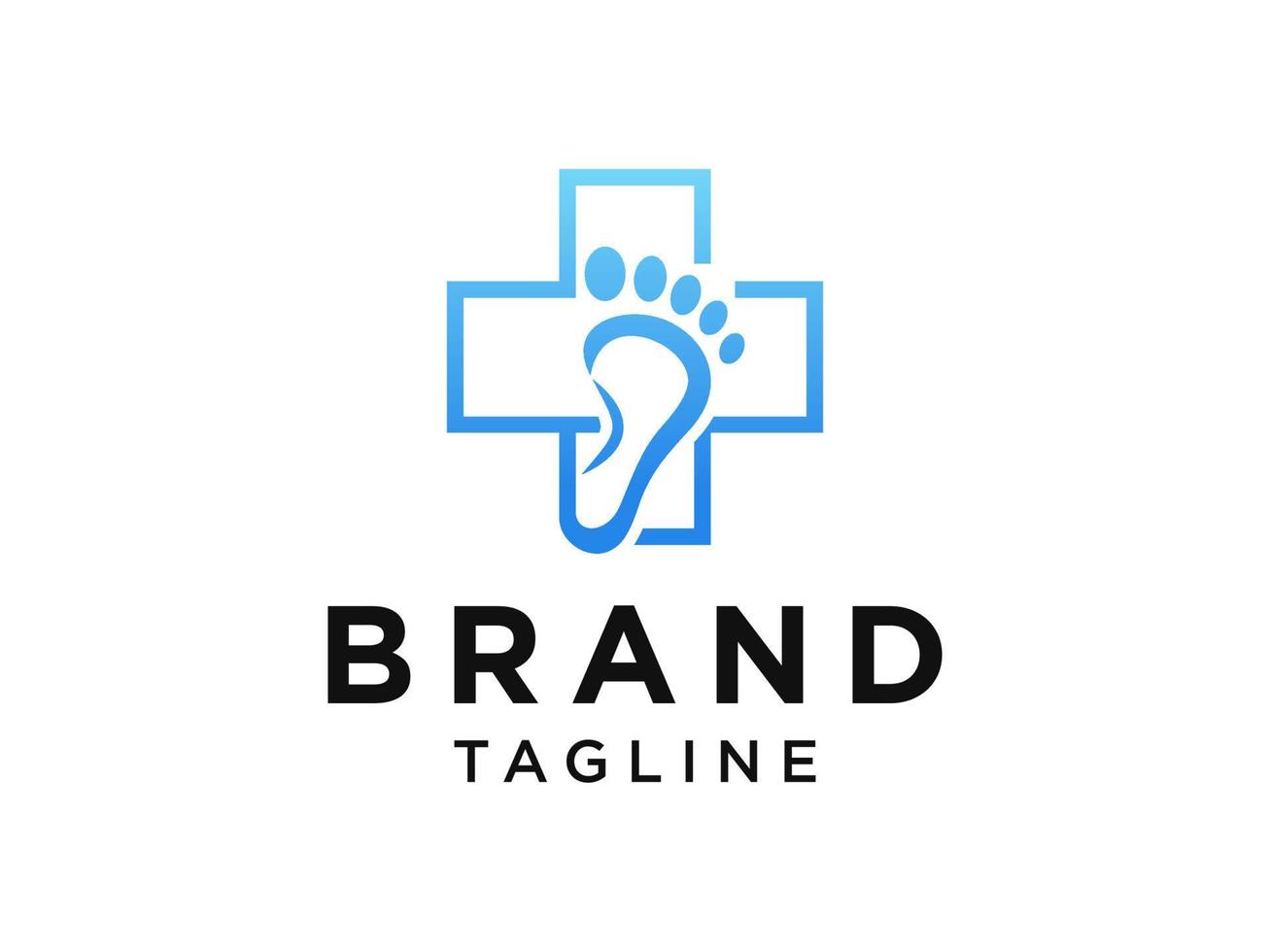 logotipo médico de cuidados com os pés. sinal cruzado de gradiente azul com pegada de espaço negativo dentro isolado no fundo branco. elemento de modelo de design de logotipo de vetor plana.