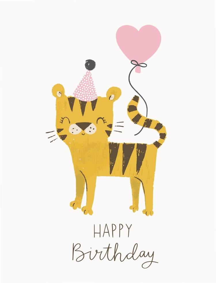 tigre de aniversário fofo com um chapéu de festa e um balão. ilustração vetorial de tigre de desenho animado engraçado para festa na selva, cartões de aniversário, convites, pôster de berçário, impressão de arte e roupas de bebê. vetor