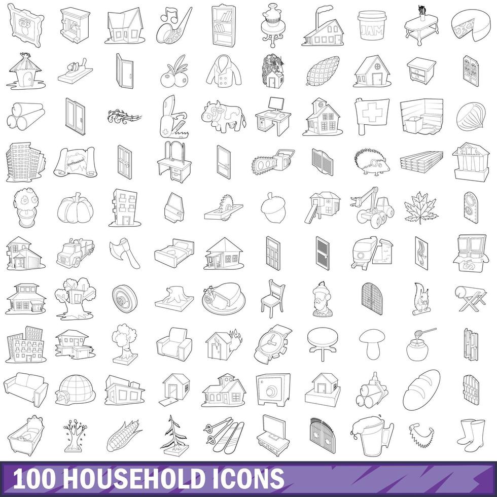 conjunto de 100 ícones domésticos, estilo de estrutura de tópicos vetor