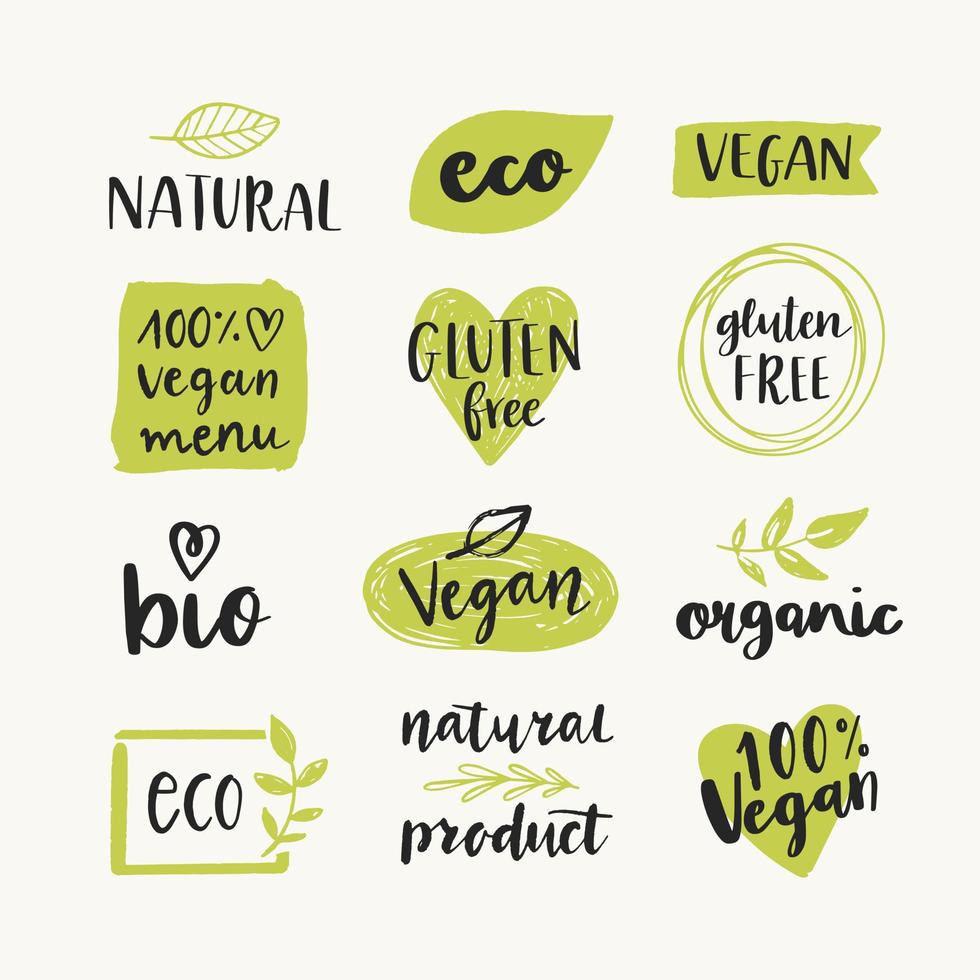 conjunto de rótulos de alimentos orgânicos, eco, bio, naturais, sem glúten, veganos e elementos de design vetorial. modelos de logotipo de comida saudável. vetor