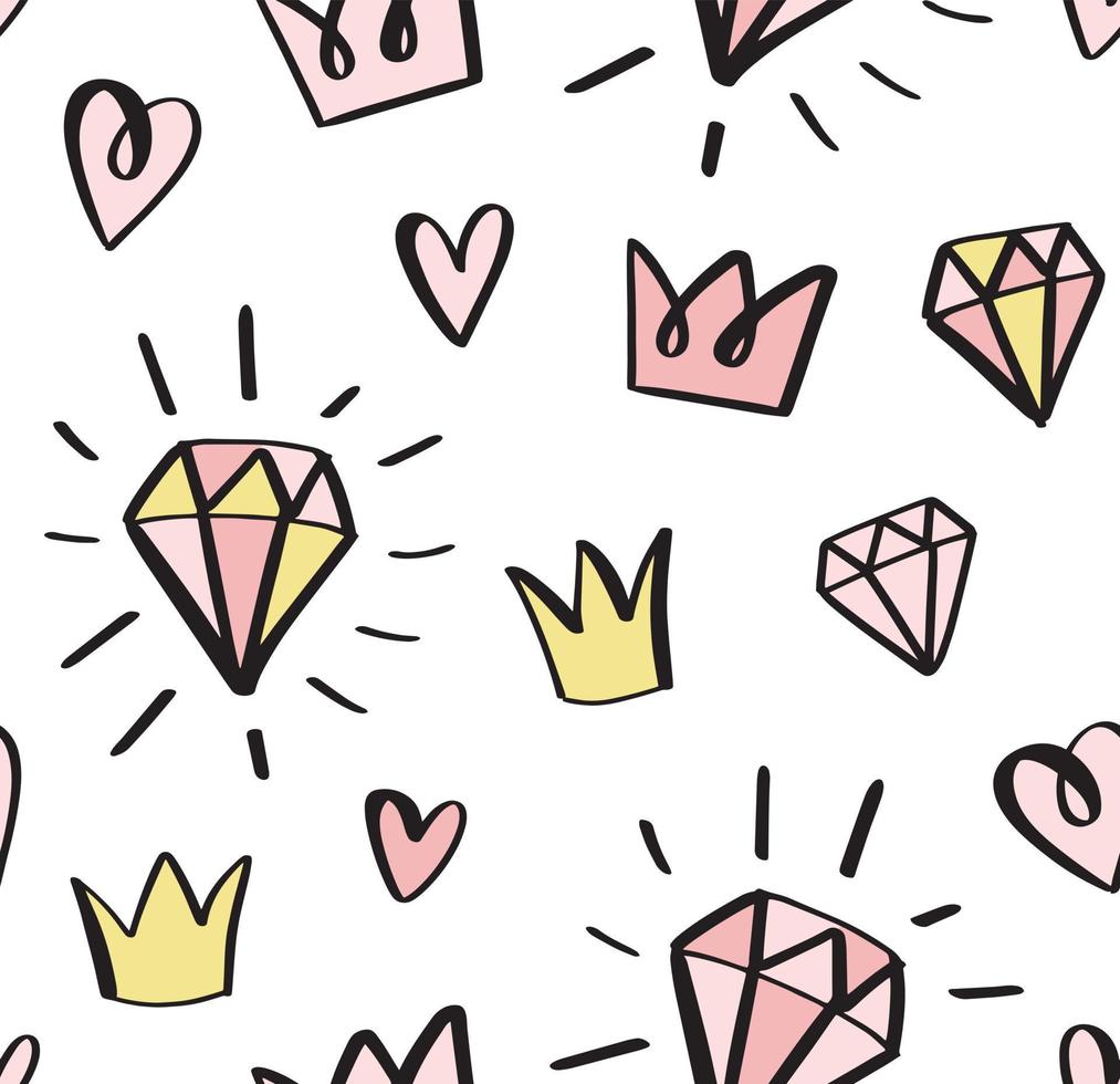 doodle sem costura padrão com diamantes desenhados à mão, coroas e corações. bebê fofo e design de princesinha. vetor