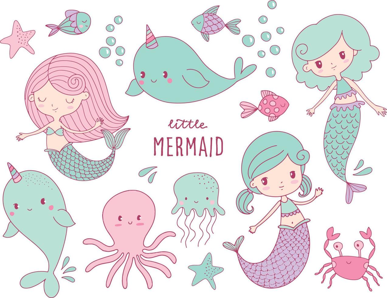 ilustração em vetor de sereia bonita com cabelo colorido e outros elementos sob o mar. sereia mágica, peixes, animais marinhos e estrelas do mar, coleção de ilustração vetorial