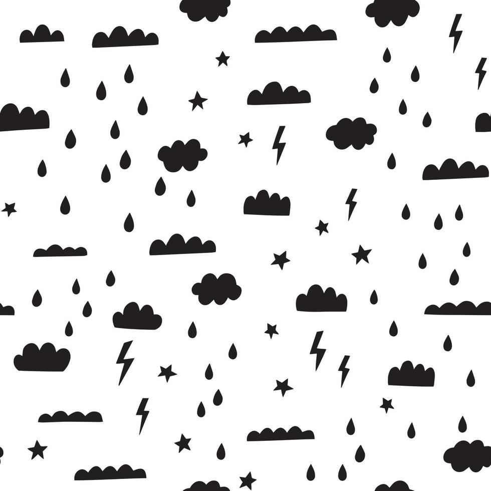 padrão sem emenda de nuvem gráfica com gotas de chuva, tempestade, relâmpagos. de fundo vector infantil estilo escandinavo. repetição abstrata hipster.