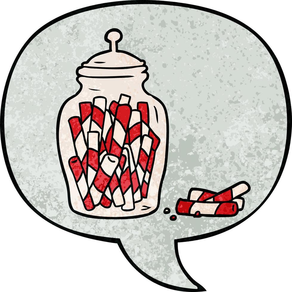 palitos de doces tradicionais dos desenhos animados na jarra e bolha de fala no estilo de textura retrô vetor