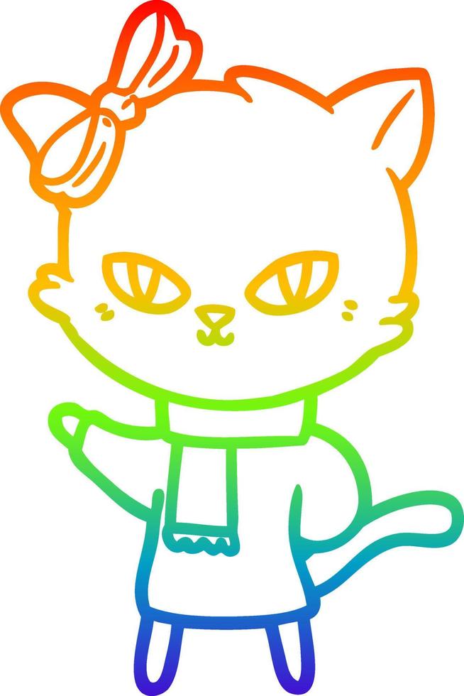 linha de gradiente de arco-íris desenhando um gato bonito de desenho animado em roupas de inverno vetor