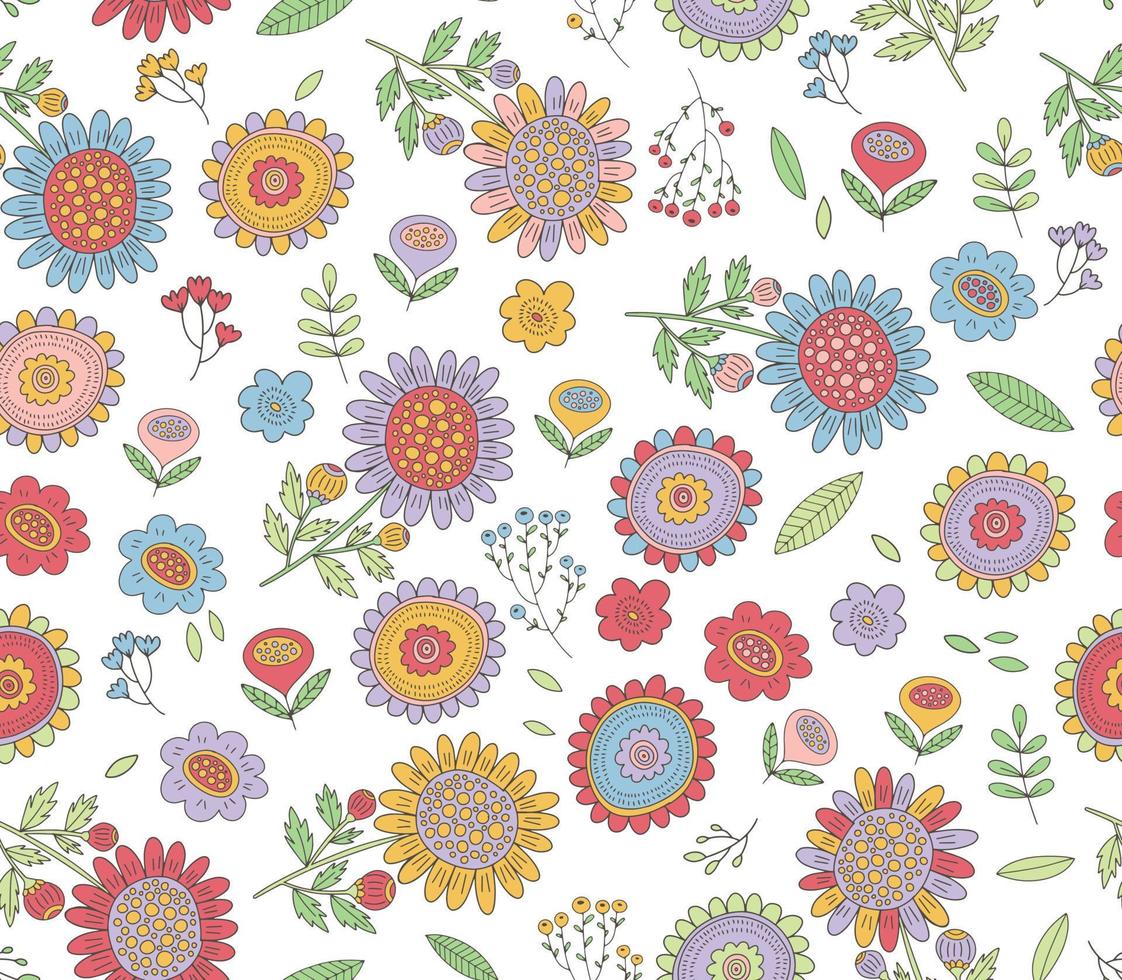 padrão de vetor floral mão desenhada. fundo de primavera doodle fofo com flores, folhas e galhos.