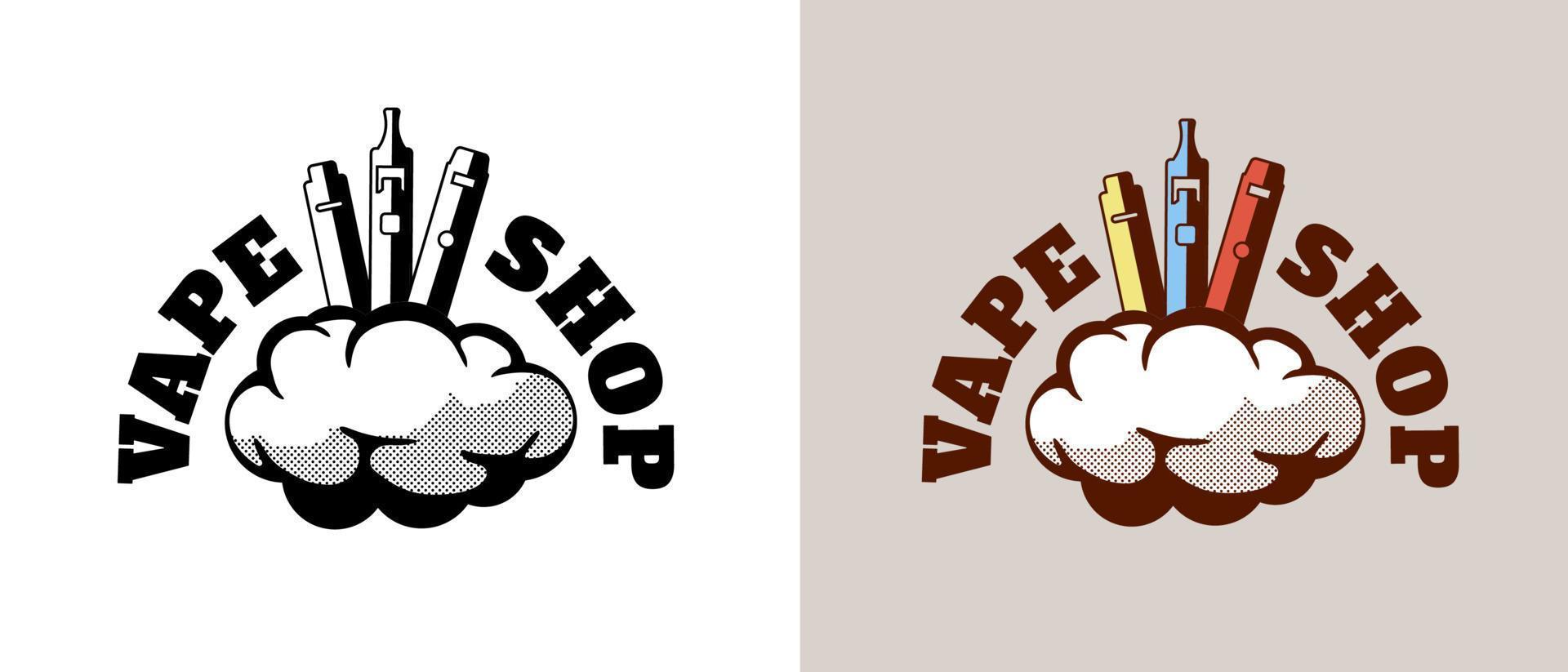 conjunto de logotipo de estilo retro vintage vape shop. vaporizadores de desenhos animados hipster com nuvem de fumaça e letras. logotipo de loja de cigarro eletrônico. modelo de design eps de vetor de distintivo de vendedor vaping de cigarro eletrônico