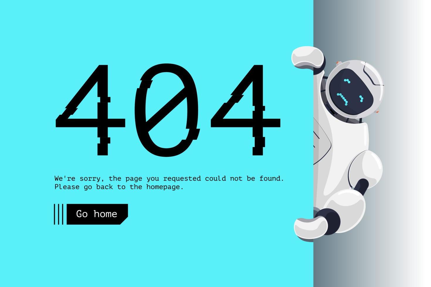 página do site não encontrada. erro de endereço url errado 404. personagem robô triste segurando placa azul. acidente de site no modelo de design de web de trabalho técnico com mascote de chatbot. falha de assistência de bot de desenho vetorial vetor