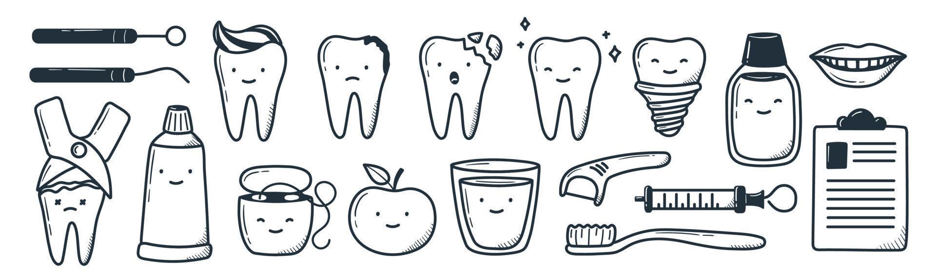 conjunto de dentes kawaii desenhados à mão em estilo doodle. ilustrações simples lineares fofas. vetor