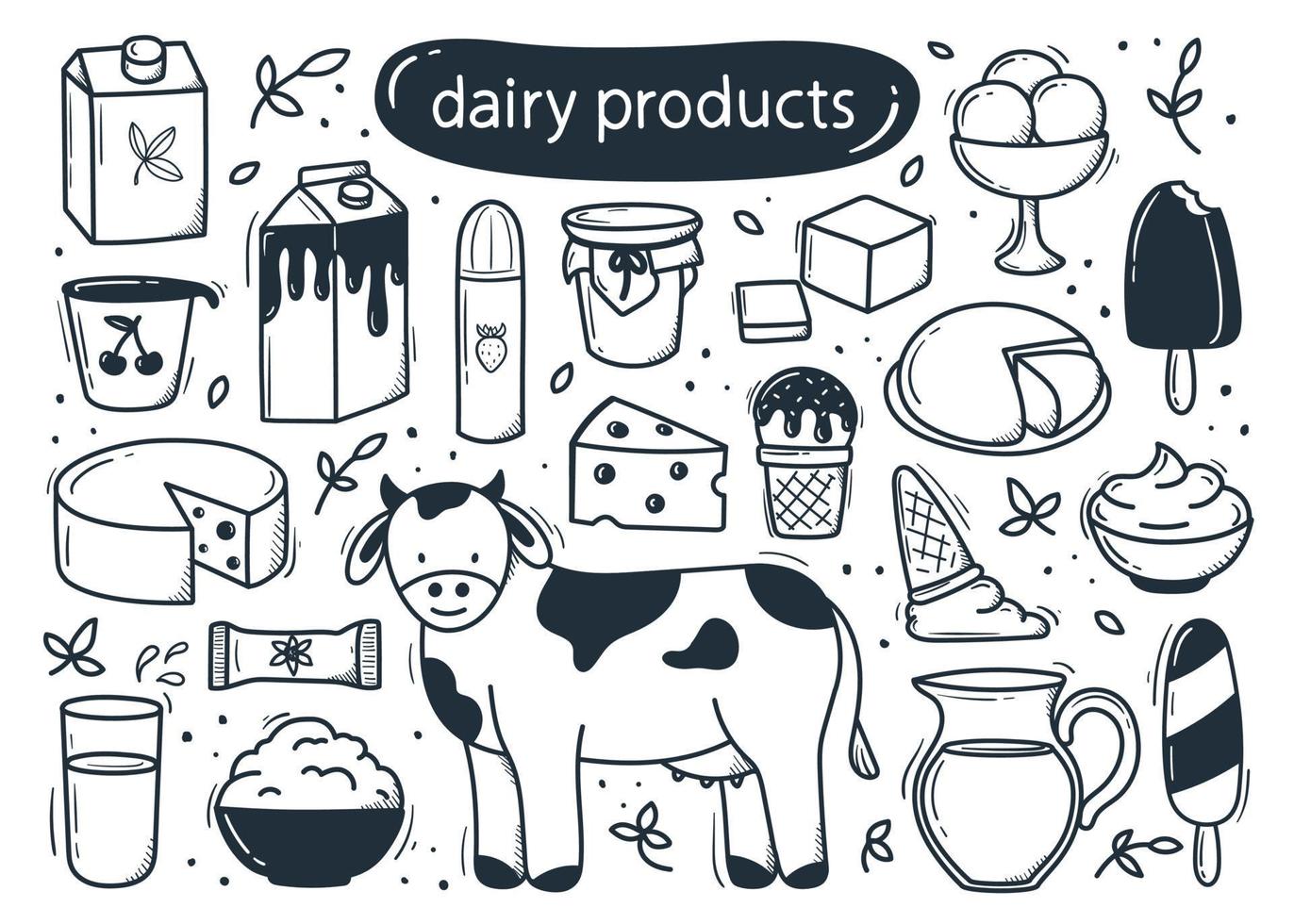 produtos lácteos definidos em estilo doodle desenhado à mão vetor