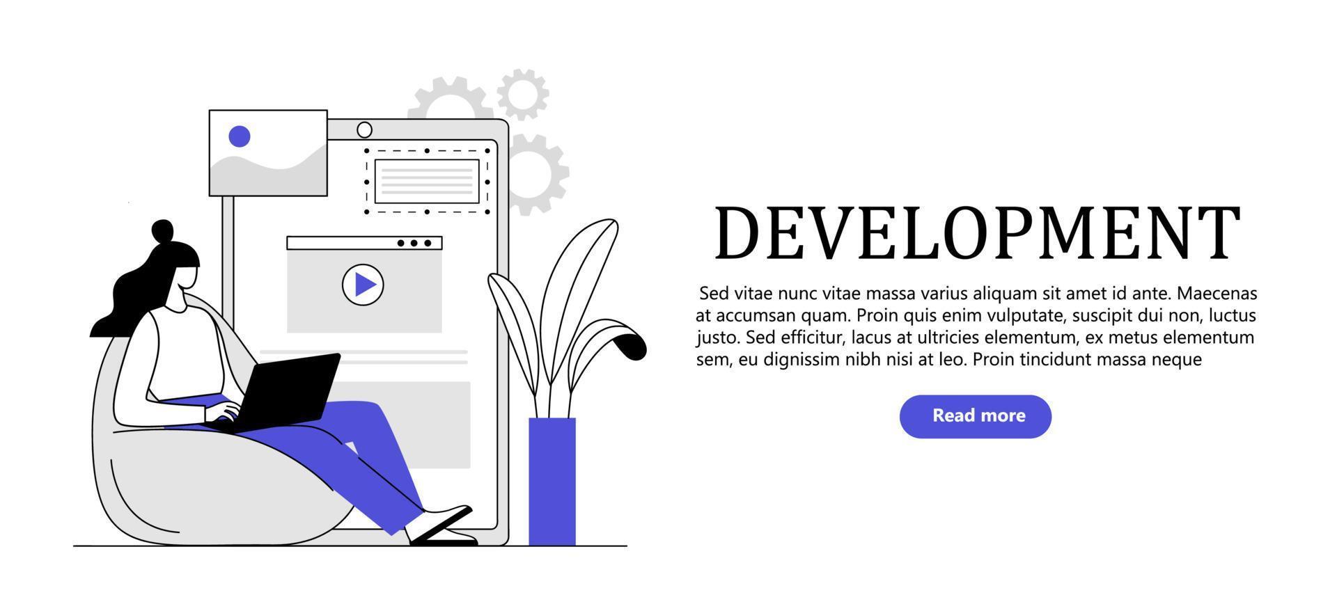 design e programação da página de destino, publicidade. um designer trabalhando em um aplicativo móvel. desenvolvimento de sms. vetor