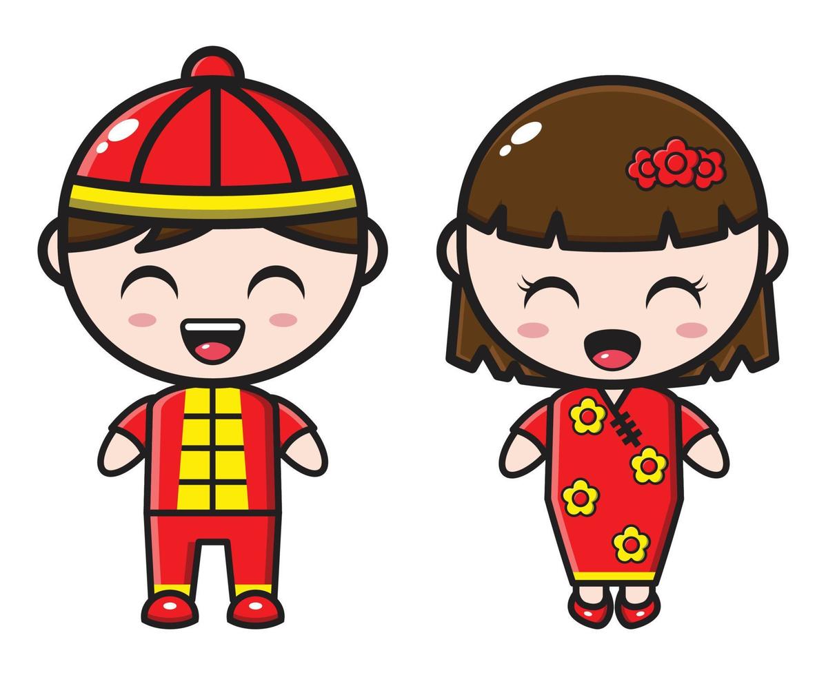 ilustração de casal bonito dos desenhos animados vestindo cheongsam vetor