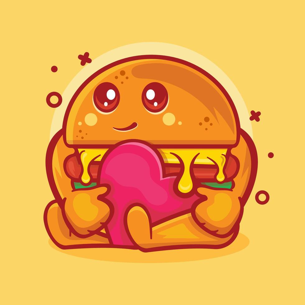 mascote de personagem de comida de hambúrguer kawaii segurando desenho de coração de sinal de amor isolado em design de estilo simples vetor