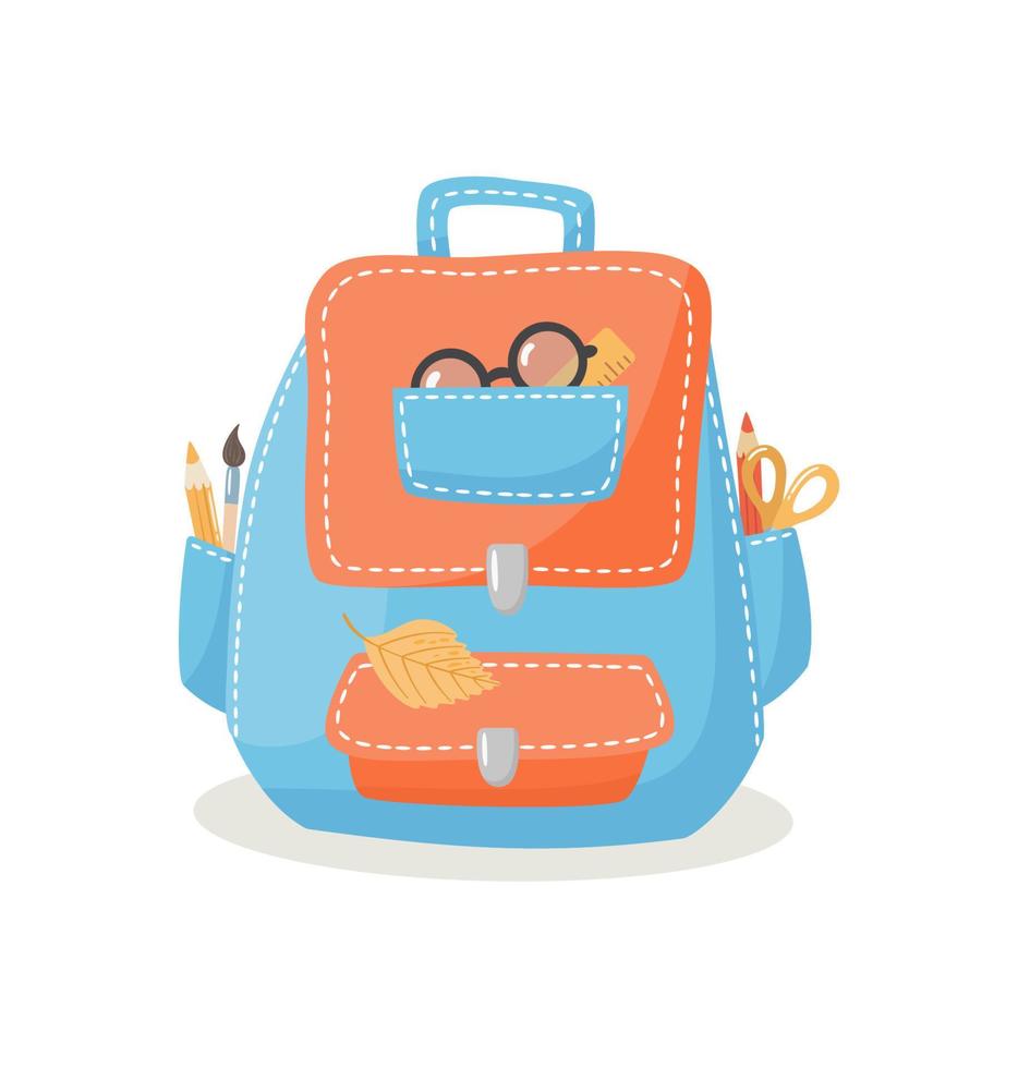 mochila escolar desenhada à mão com artigos de papelaria em estilo cartoon. lápis, tesoura, régua e outros itens escolares. de volta à ilustração da escola. design aconchegante para seus projetos. vetor