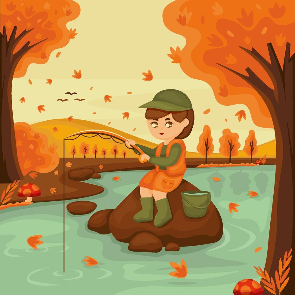 linda garota calma pescando na temporada de outono vetor