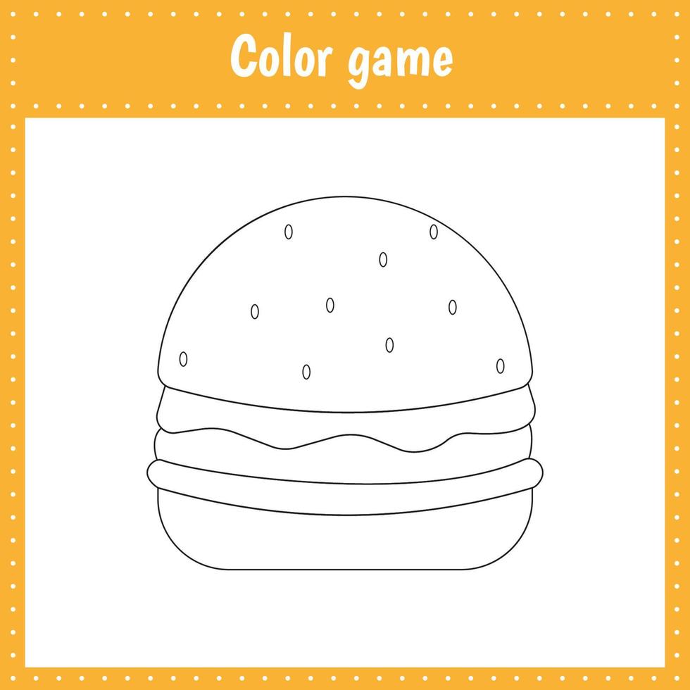 página para colorir para educação e atividade infantil. hambúrguer de cor. livro de colorir. ilustração em vetor preto e branco sobre fundo branco
