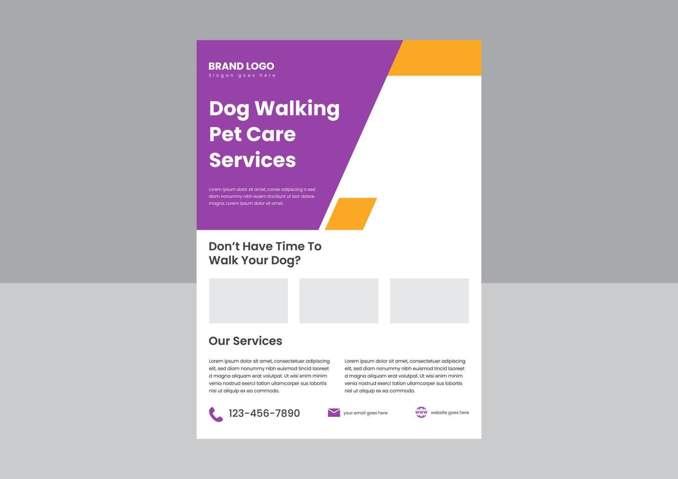 design de cartaz de panfleto de serviço de passeador de cães. passeadores de cães em seu design de folheto de serviço. panfleto de cartaz de serviço de passeio de cachorro profissional. vetor