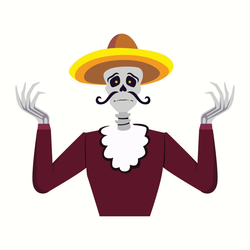 engraçado esqueleto mexicano encolhendo os ombros e confuso sobre qualquer coisa. ilustração vetorial plana isolada no fundo branco vetor
