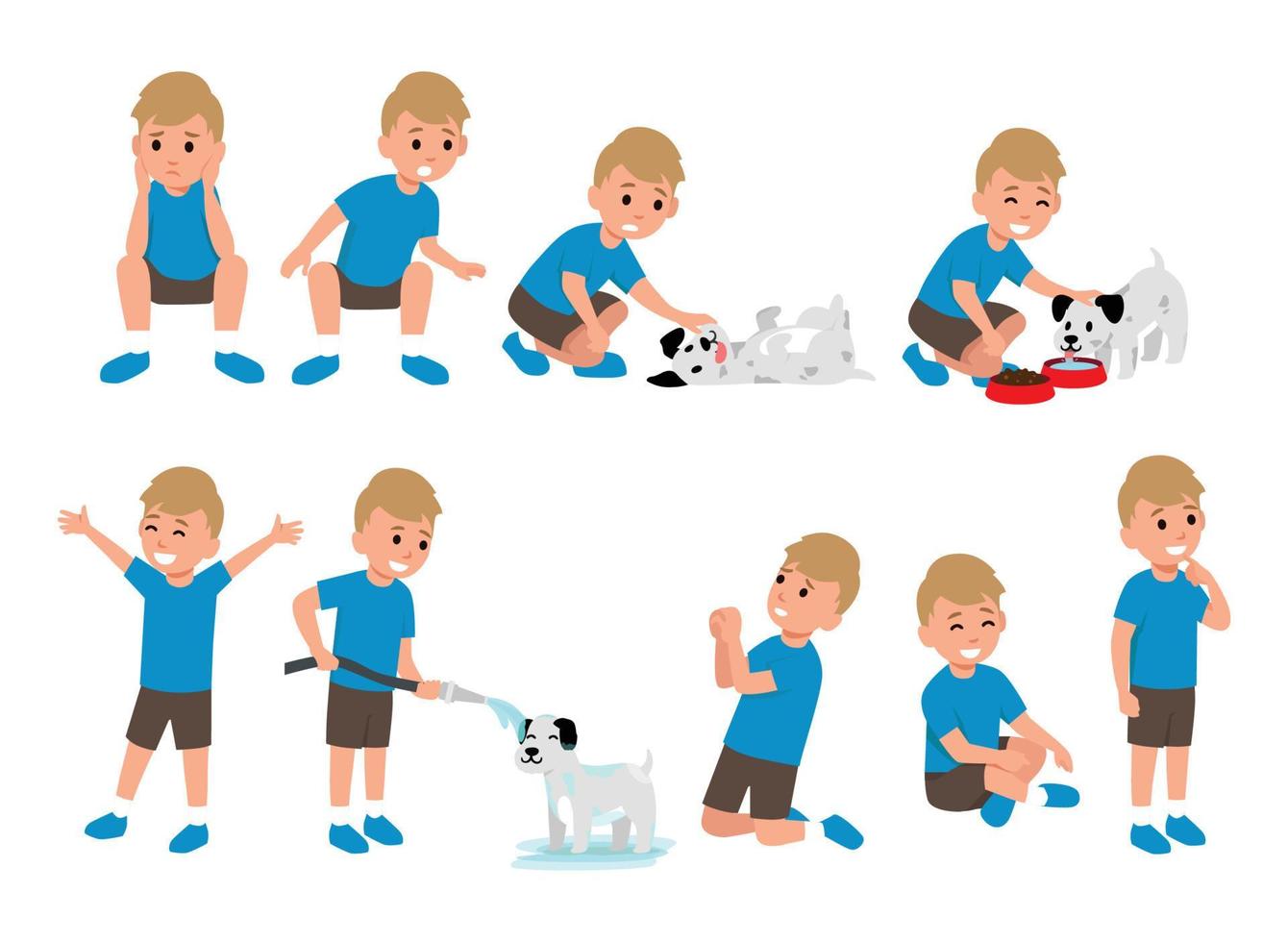 conjunto de atividades de personagem de menino bonitinho brincando com ilustração plana de cães isolada em camadas vetor