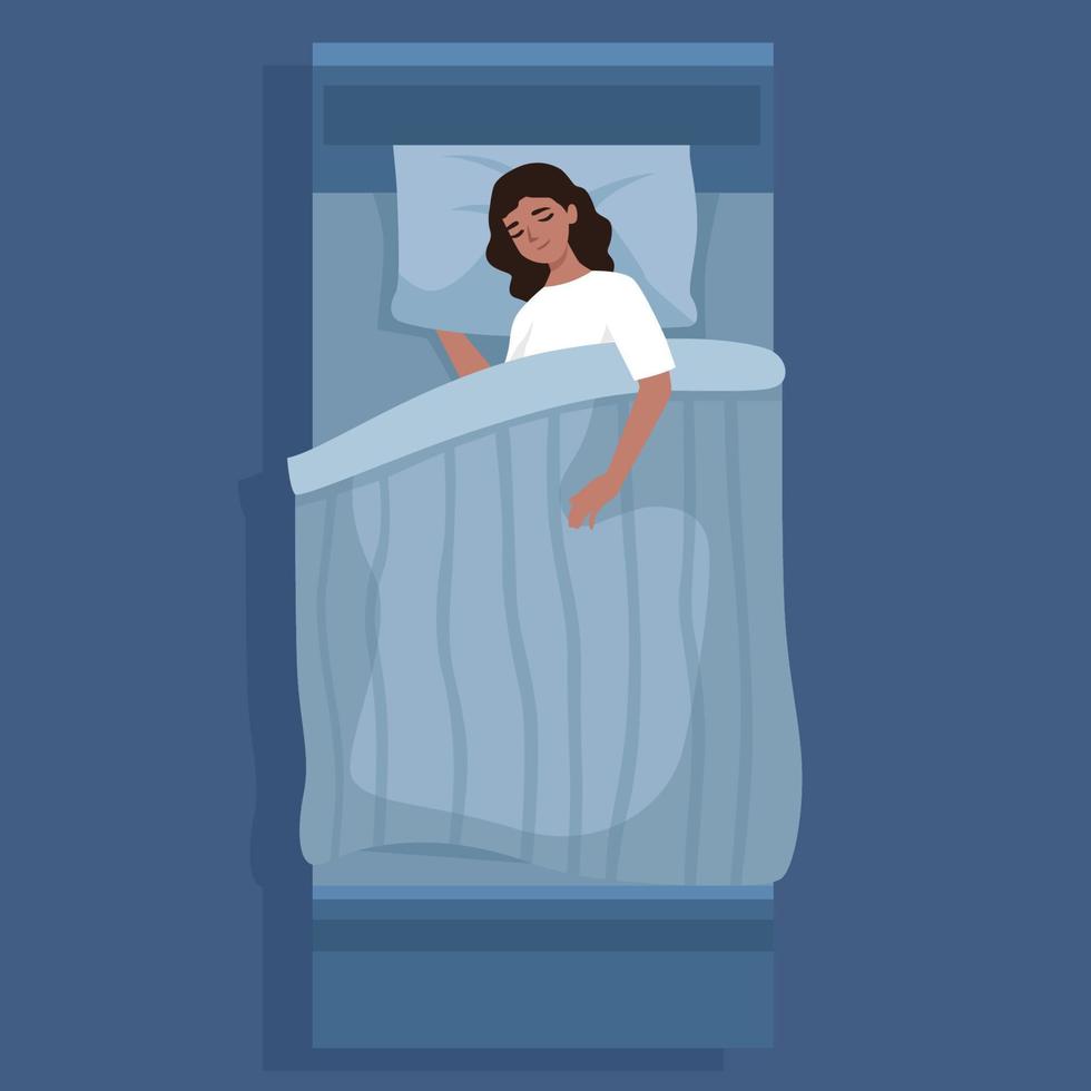 mulher dorme em sua cama à noite. vista superior ilustração vetorial plana com travesseiro e cobertor do lado dela vetor