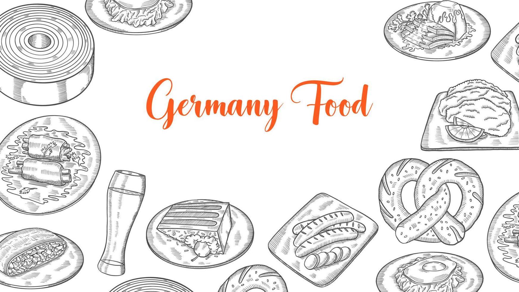 coleção de conjunto de comida alemã ou alemanha com esboço desenhado à mão para cartaz de modelo de banner de fundo vetor